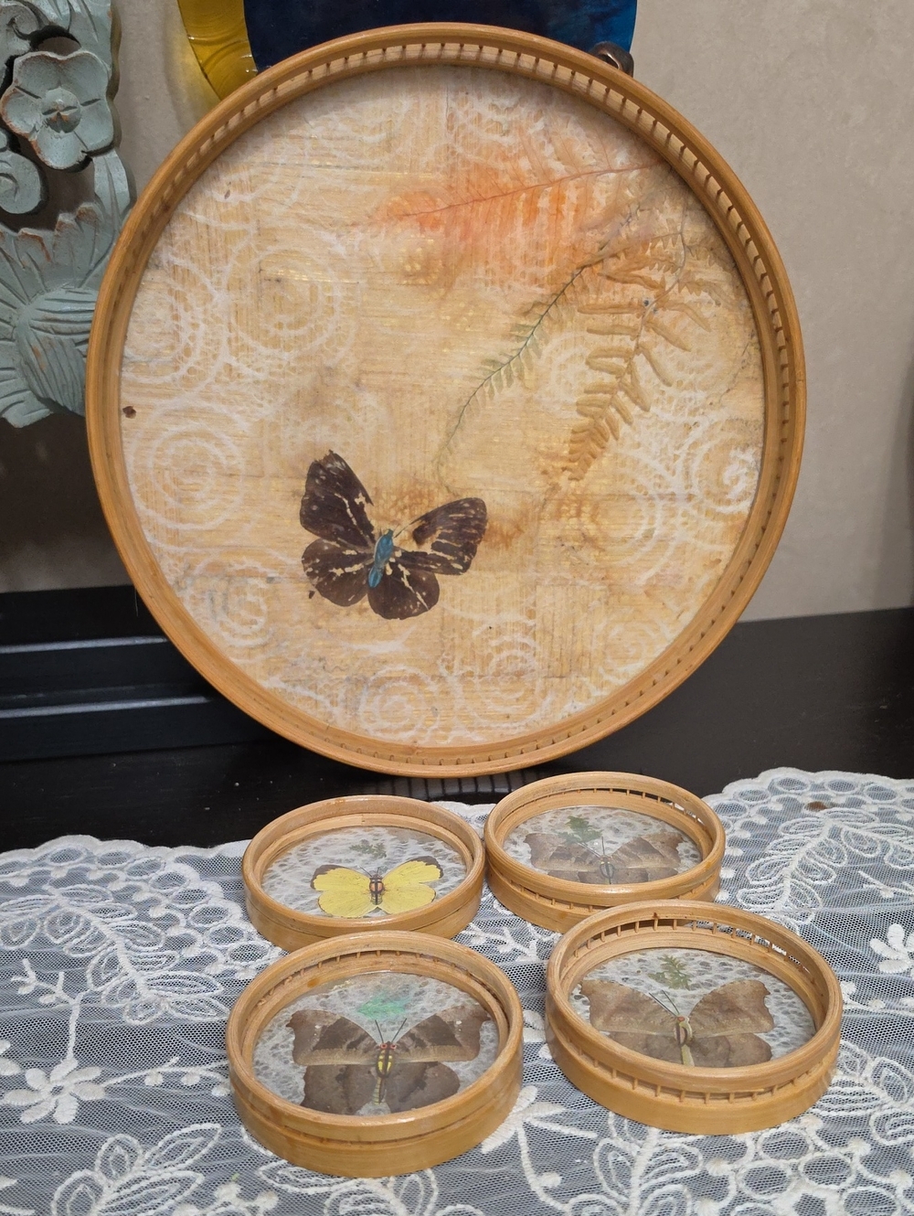 Vintage Bamboo Pressed Real Butterfly Tray and 4 Coaster Set, 1970